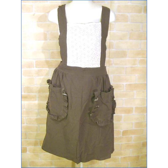 コットンエプロン　後ろひも結び 胸元レース エプロン ブラウン 2312-03　プレゼント ギフト | ブランド登録なし | 01