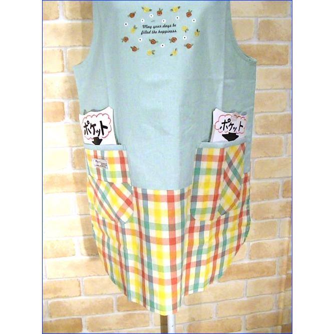 エプロン チェック柄　ボタン＆紐結び バラ＆マーガレット ポケット付き 2315-30　プレゼント ギフト | kusuguru | 02