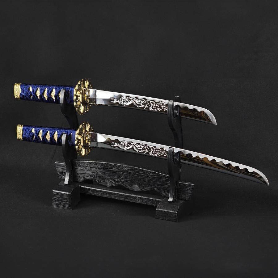 模造刀 ミニミニ竜3点セット 彫金 青 刀掛台付 刀身竜彫 クリーニング