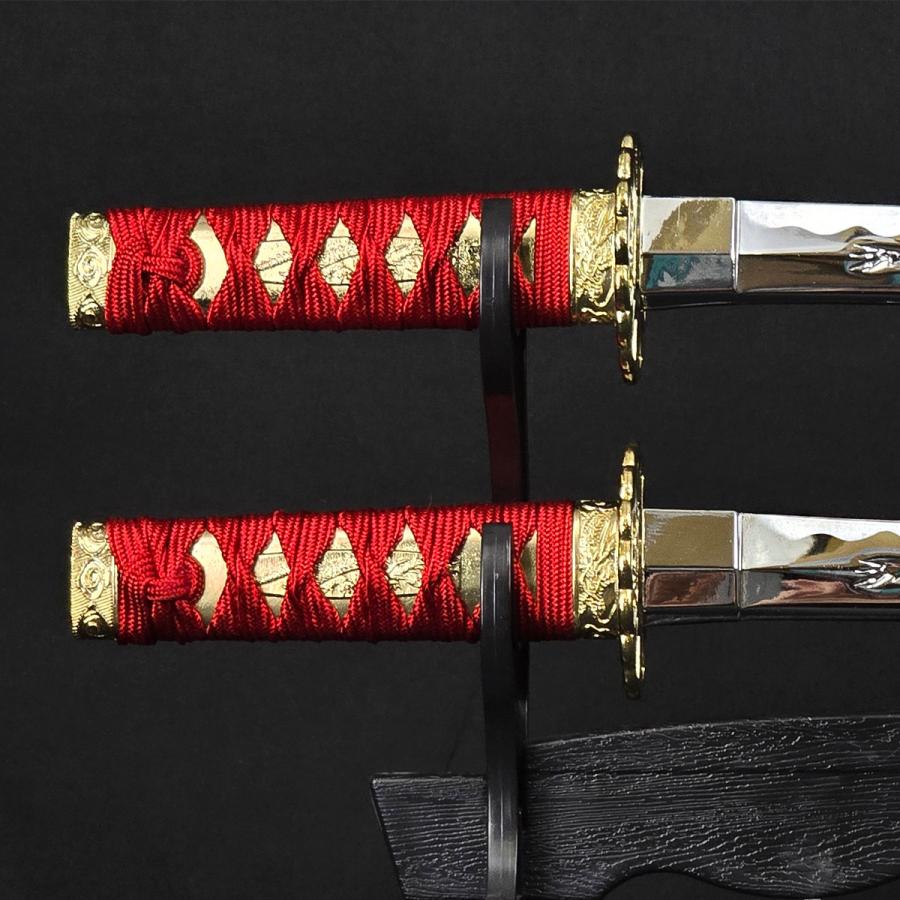 模造刀 ミニミニ竜3点セット 彫金 赤 刀掛台付 刀身竜彫 クリーニング