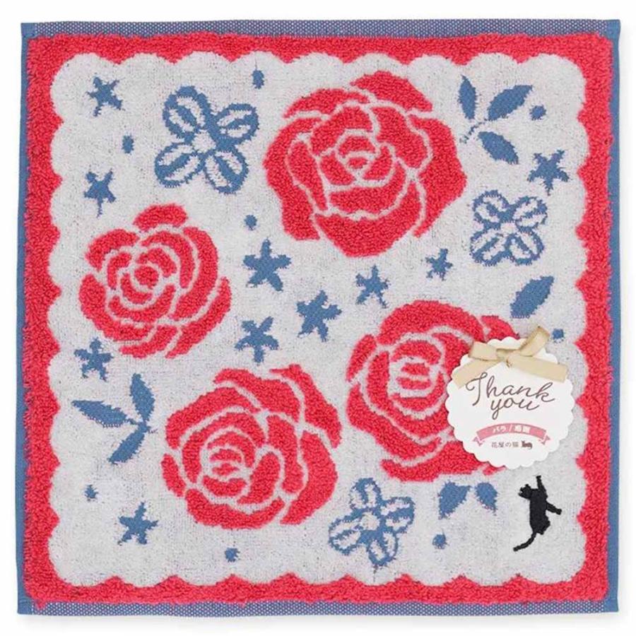 ギフトジャガードハンカチ 〜花屋の猫〜 バラ 花言葉：感謝 花柄 猫