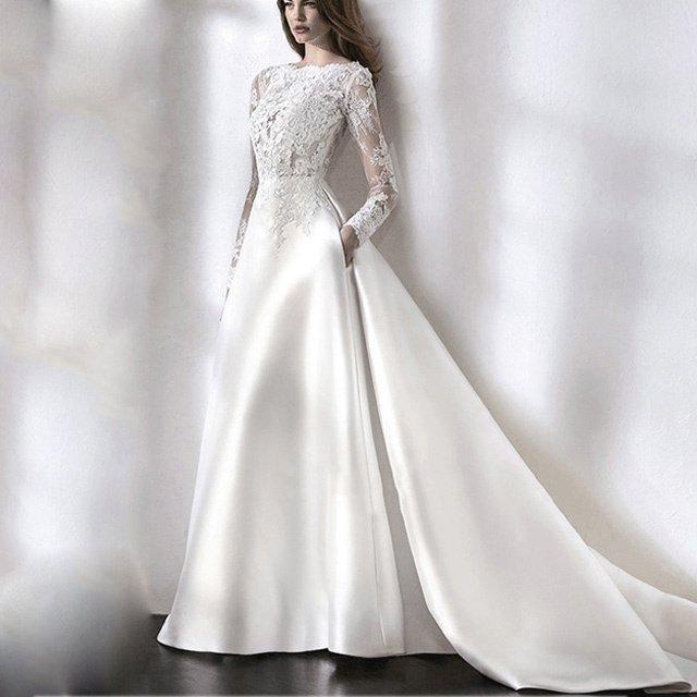 ウェディングドレスレースサテンドッキングトレーン結婚式ドレスホワイト長袖背開きAラインロングドレス二次会披露宴挙式ブライダルドレス_4