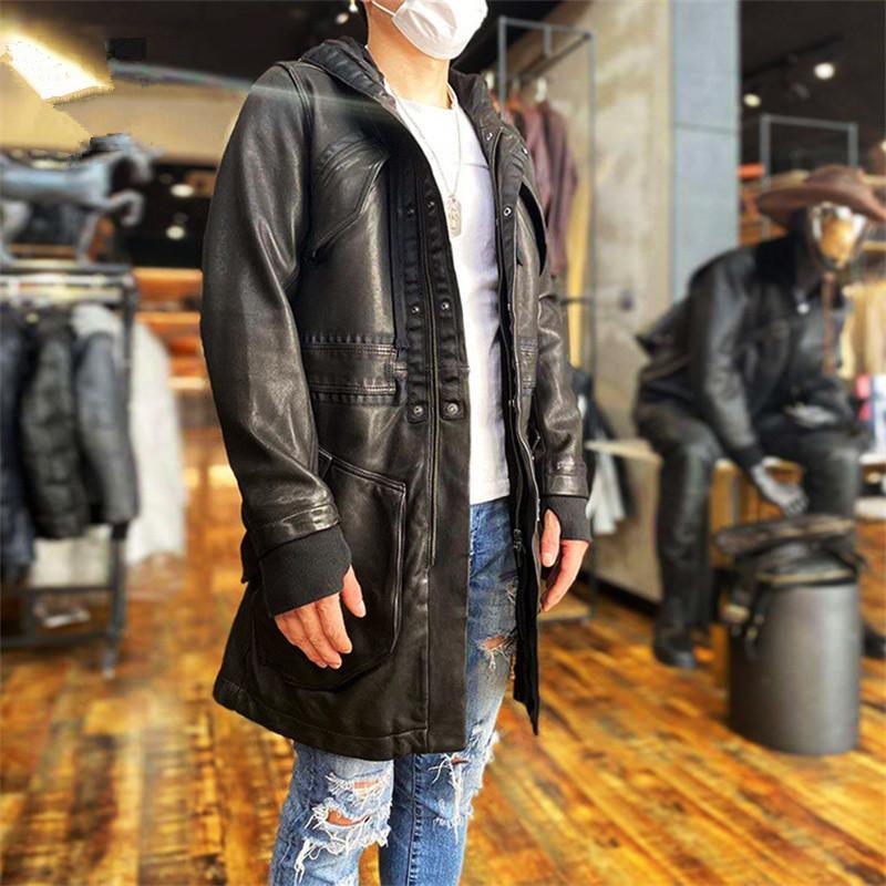 レザーコート　　ロングコート　コート　膝上　ミドル丈　羊革　革ジャン　フード付き　秋冬　防寒　メンズ　ブラックの画像