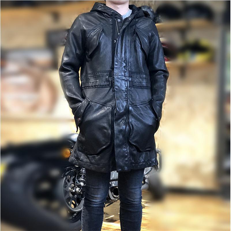 レザーコート　　ロングコート　コート　膝上　ミドル丈　羊革　革ジャン　フード付き　秋冬　防寒　メンズ　ブラックの画像