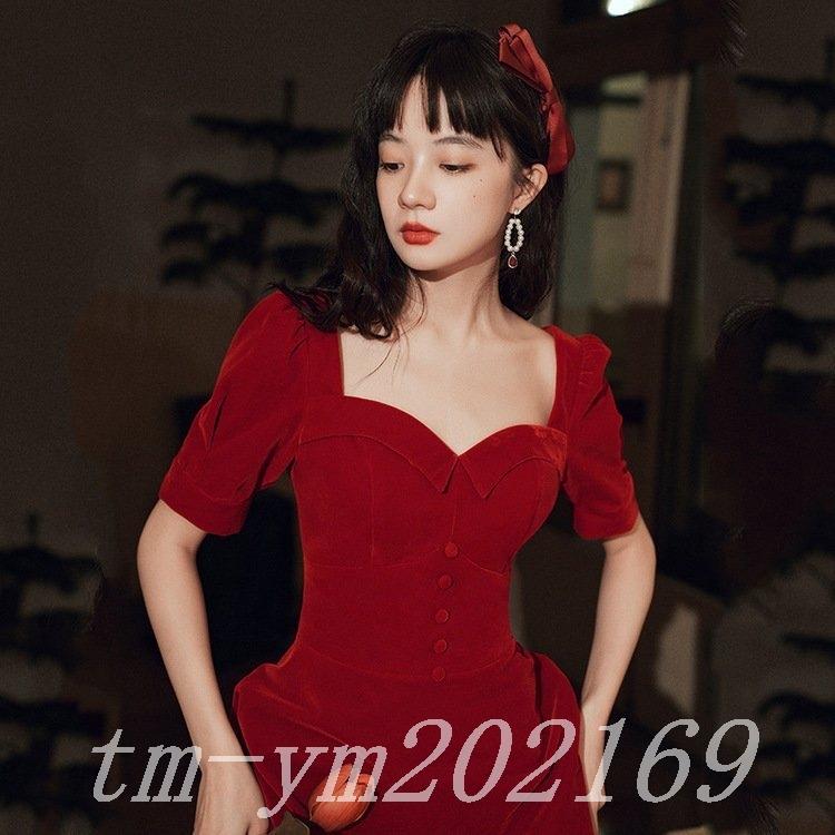 から厳選した お出かけ 2次会 披露宴 結婚式 Aライン ドレス 可愛い 安い パーティードレス イブニングドレス お呼ばれ サテン ロング ロング丈 ベロア調 パーティドレス カラー ブルゴーニュベルベットロングス長袖