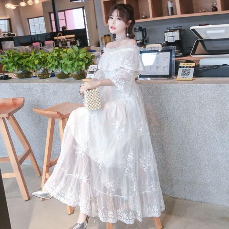 白ワンピース マキシワンピ 五分袖 長袖レース ワンピース レディース リゾート夏 ボートネック ロング丈 ホワイト パーティードレス 結婚式 大人 女性 謝恩会 Y Tmashop 通販 Yahoo ショッピング