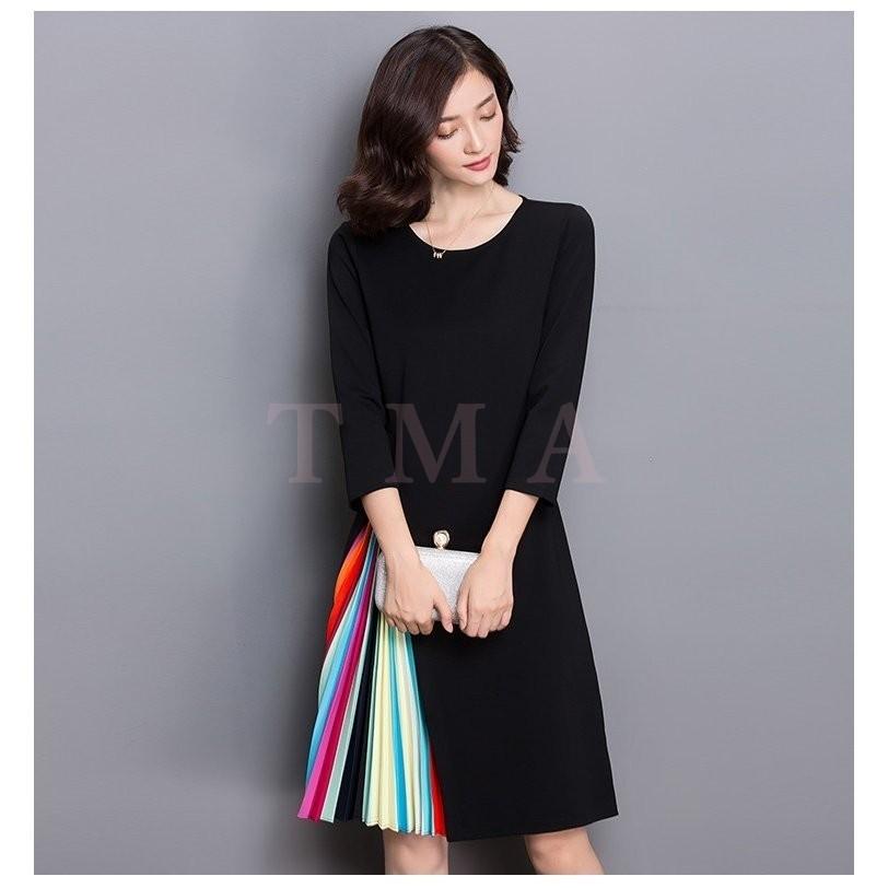 ワンピース レディース 40代 ワンピース 春秋 きれいめ 膝丈ワンピース 上品 七分袖 レインボー配色 プリーツワンピ 着痩せ 通勤 結婚式ドレス お出かけ 大人 Y Tma 通販 Yahoo ショッピング