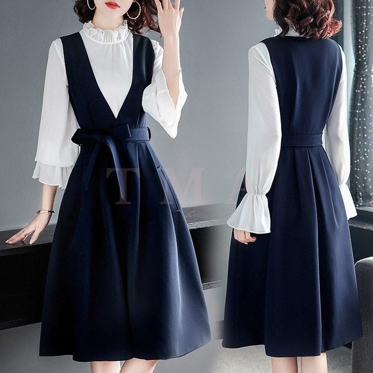 シャツワンピース セットアップ レディース 40代 春秋 きれいめ 膝丈ワンピース 長袖 ブラウス白 Vネック サロペットスカート Aライン フォーマル着痩せ 通勤 Y Tmashop 通販 Yahoo ショッピング