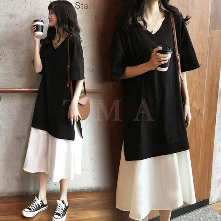 ワンピース レディース 40代 マキシワンピース 春夏 半袖ワンピース 黒白切り替え ロングスカート カジュアル韓国風 体型カバー 大きいサイズ 可愛い30代 50代 Y Tma 通販 Yahoo ショッピング