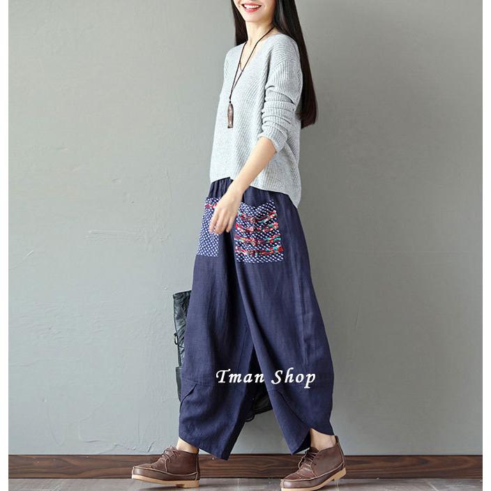 綿麻パンツ テーパードパンツ レディース エスニック柄切り替え サルエル パンツ ゆるパンツ イージーパンツ ウエストゴム カジュアル 大きサイズ 体型カバー |  | 03