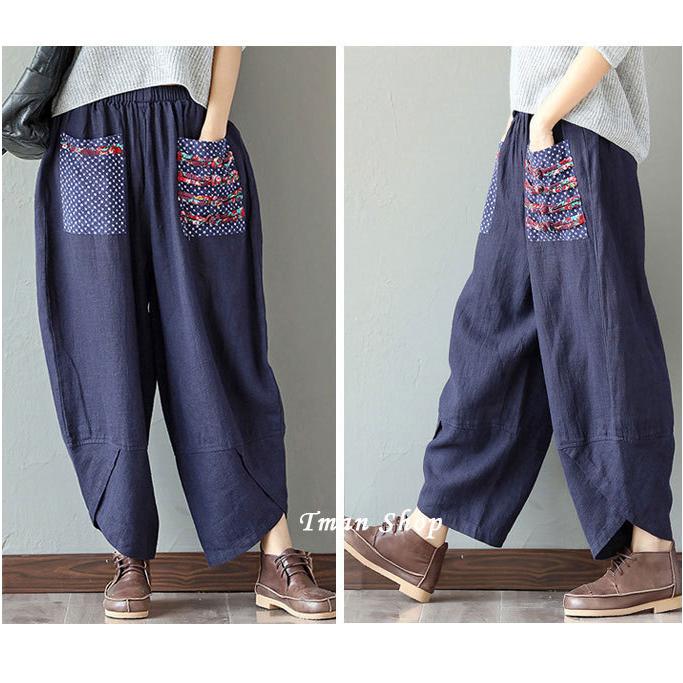綿麻パンツ テーパードパンツ レディース エスニック柄切り替え サルエル パンツ ゆるパンツ イージーパンツ ウエストゴム カジュアル 大きサイズ 体型カバー |  | 04