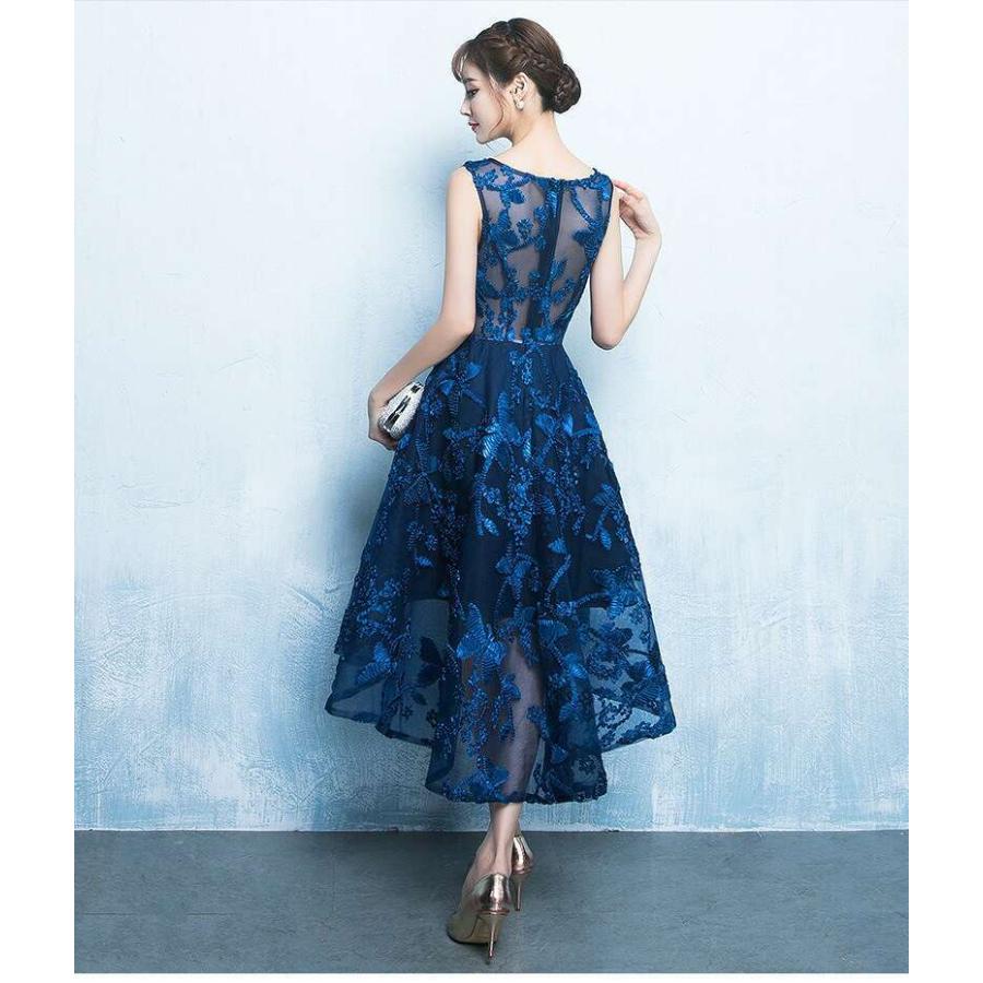 パーティドレス ドレス 青 ブルー 花柄 ノースリーブ フィッシュテール 