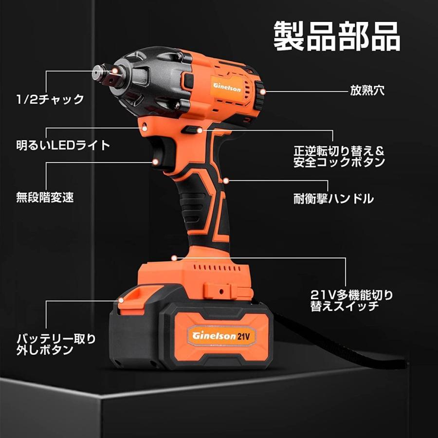 インパクトレンチ Ginelson 電動 リチウムイオン バッテリー 2個付き