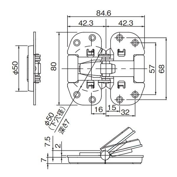 クローゼット丁番 扉金具交換 ムラコシ収納センターヒンジ ツバ広タイプ 2FE-B  掘り込み型 お得な3枚セット　[2セット（6枚）までクロネコゆうパケット発送]｜tmk-onlineshop｜06