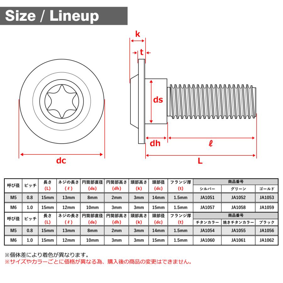 チタンボルト M5×15mm P0.8 円筒部直径8mm 段付きボルト トルクス穴 フランジ付き グリーン 1個 JA1052 | TECHーMASTER | 01