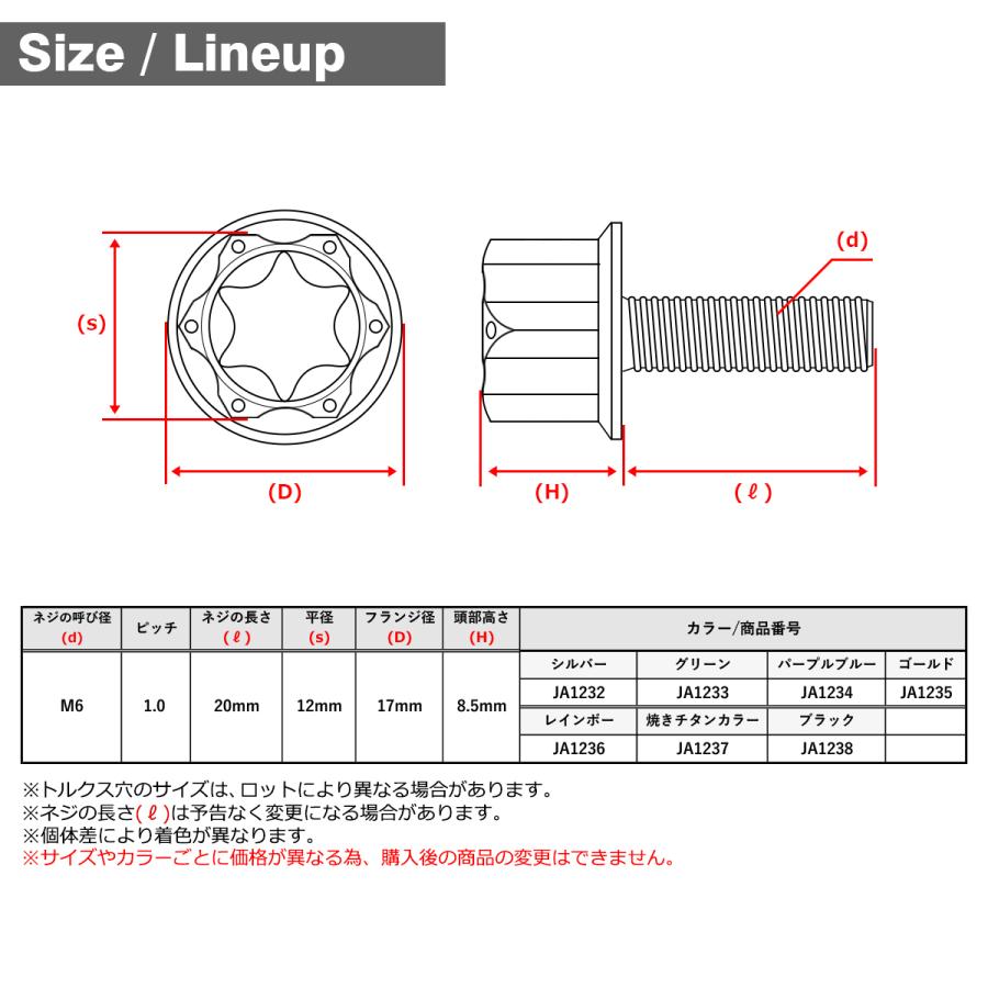 チタンボルト M6×20mm P1.0 トルクス穴 ワイドフランジ付き 六角ボルト 焼きチタンカラー 1個 JA1237 | TECHーMASTER | 01