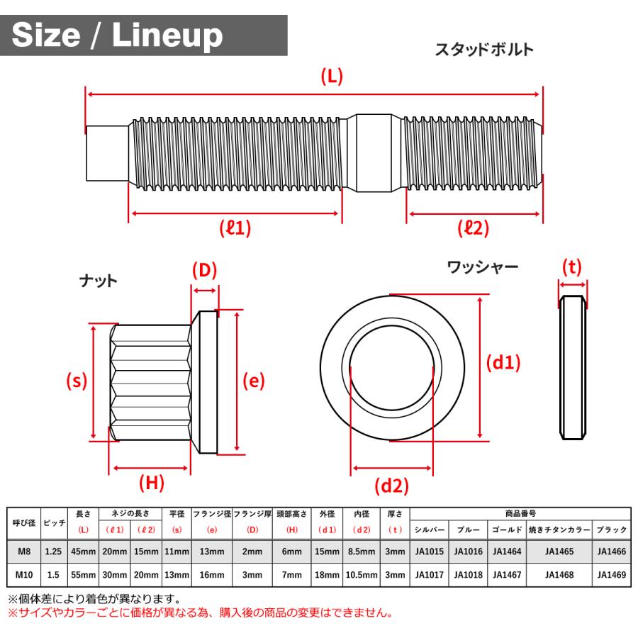 スタッドボルト M10×55mm P1.5 チタンボルト ナット ワッシャー