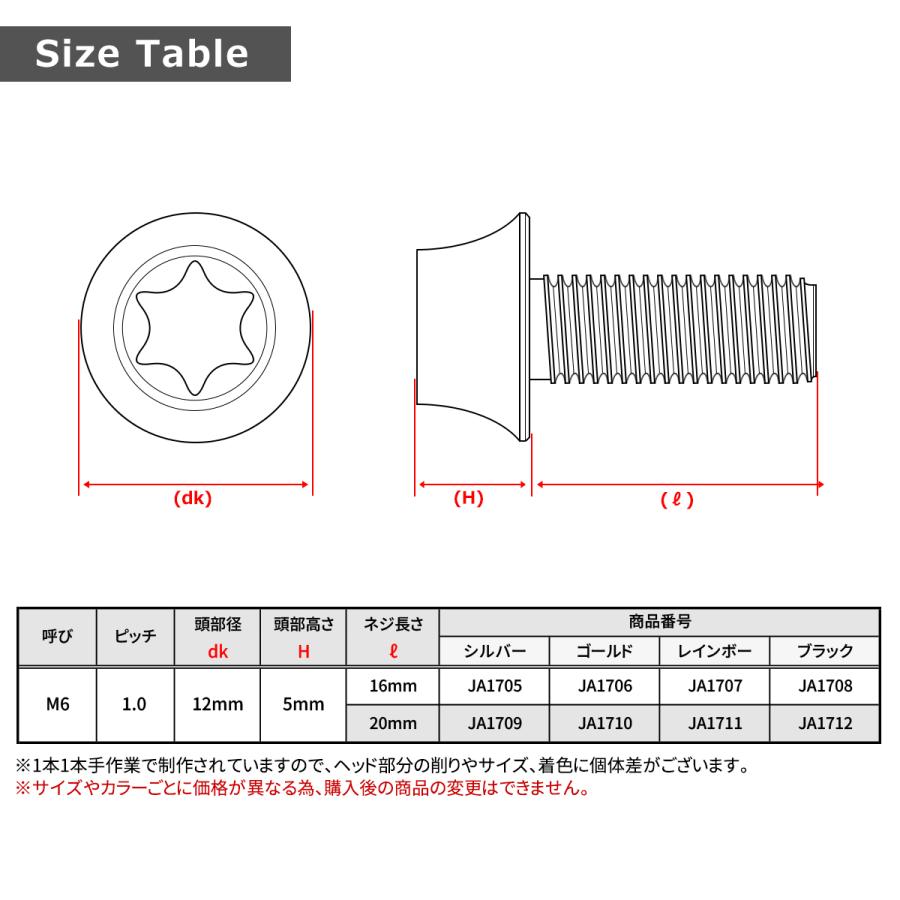 チタンボルト M6×16mm P1.0 湾曲テーパーヘッド トルクス穴 キャップボルト レインボーカラー JA1707 | TECHーMASTER | 05