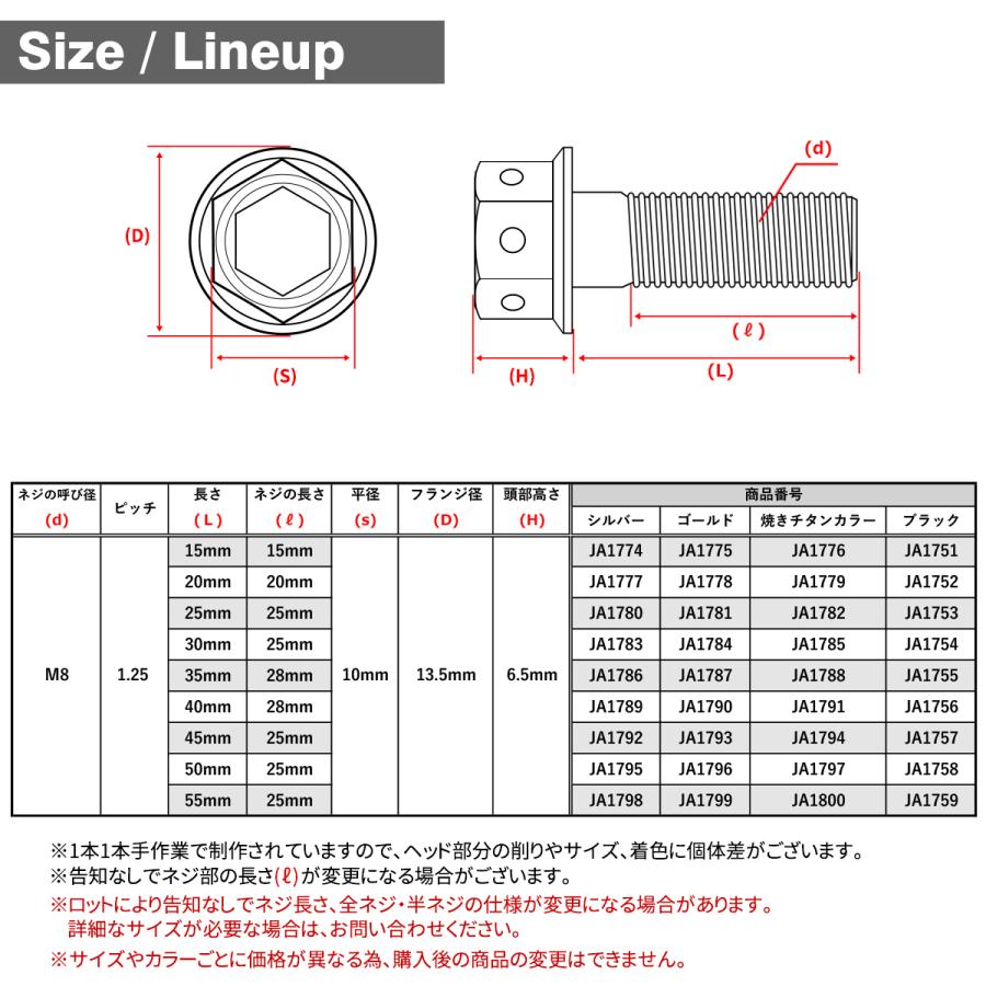 チタンボルト M8×20mm P1.25 六角ボルト フランジ付き キャップボルト 焼きチタンカラー 1個 JA1779 | TECHーMASTER | 04