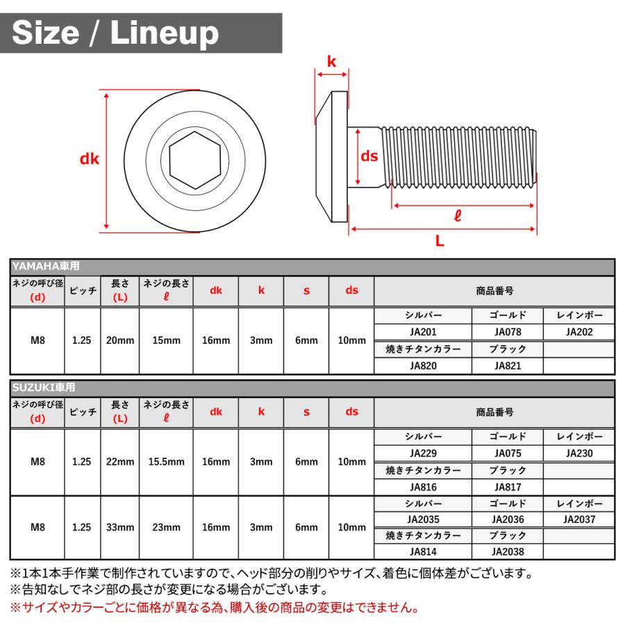 64チタン ブレーキディスク ローター ボルト M8×20mm P1.25 ヤマハ車用 YAMAHA 焼きチタンカラー 虹色 JA202 | TECHーMASTER | 04