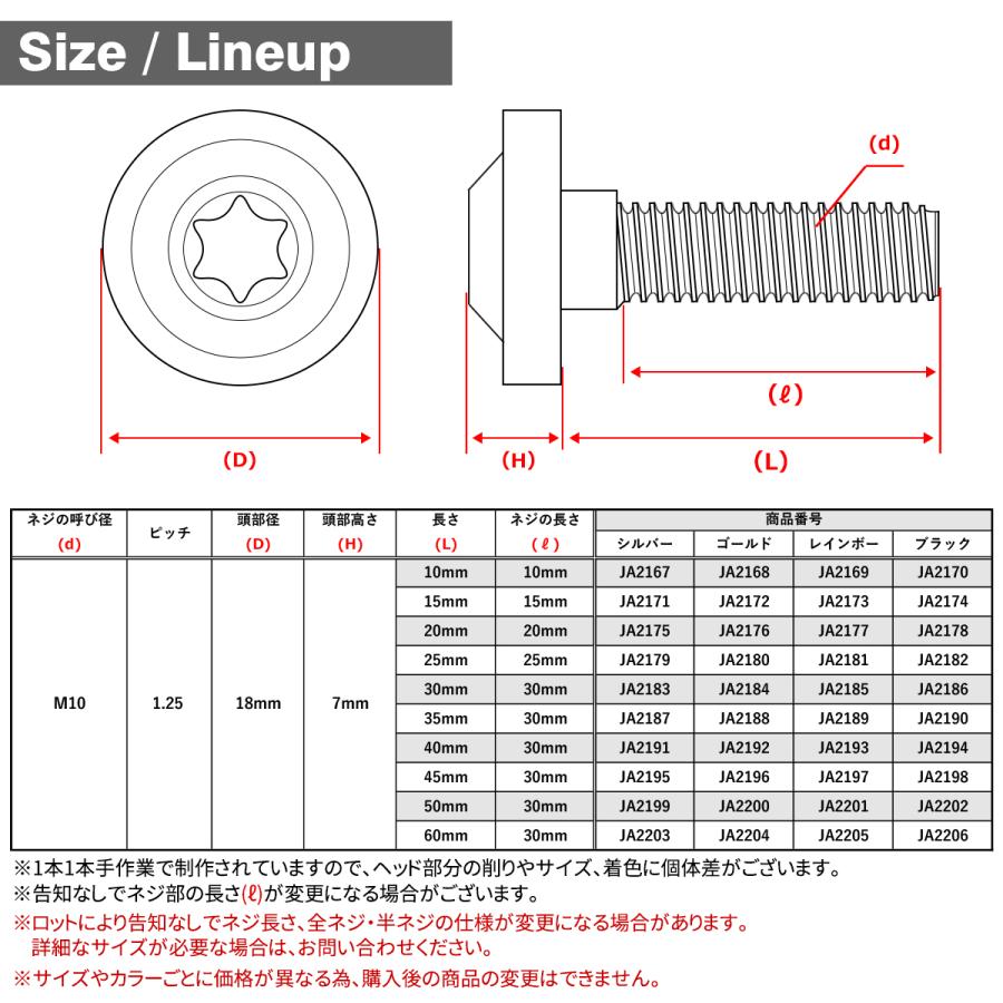 チタンボルト M10×35mm P1.25 トルクス穴 フランジ付き ボタンボルト チタンカラー レインボー 1個 JA2189 | TECHーMASTER | 04