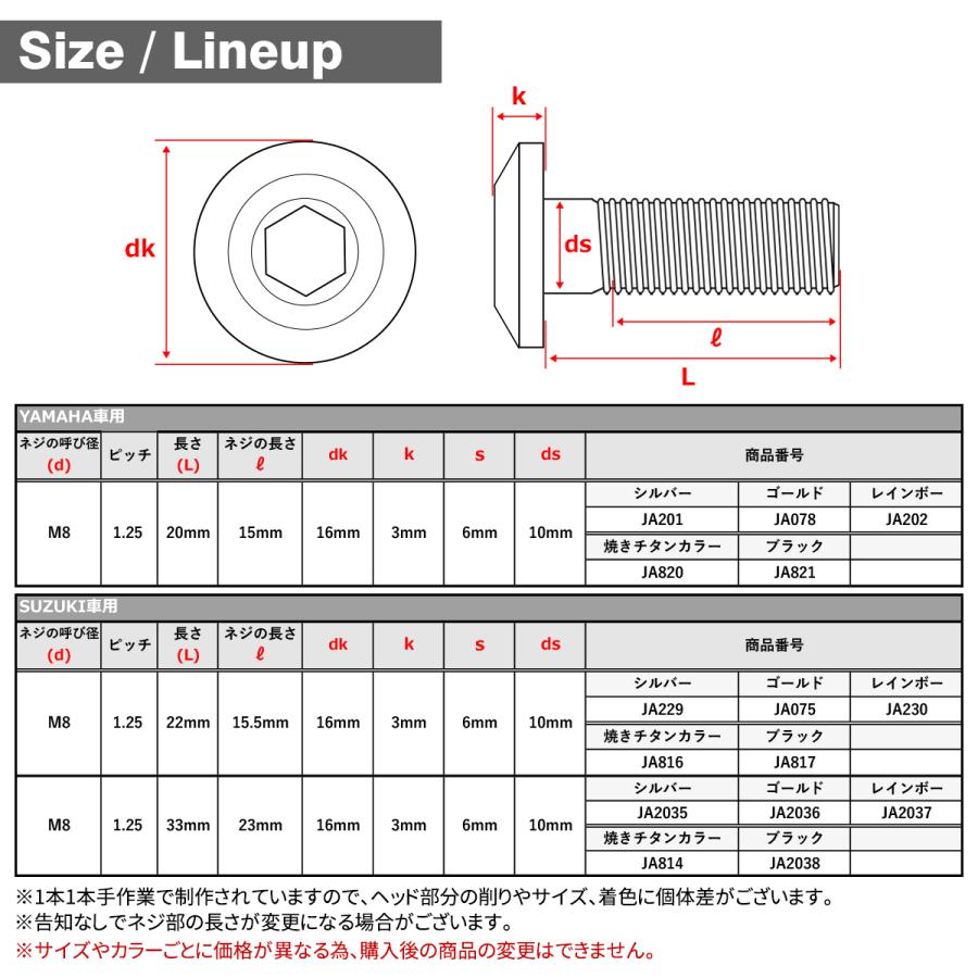 64チタン ブレーキディスク ローター ボルト M8×22mm P1.25 スズキ車用 SUZUKI シルバーカラー 素地 JA229｜tmst｜02