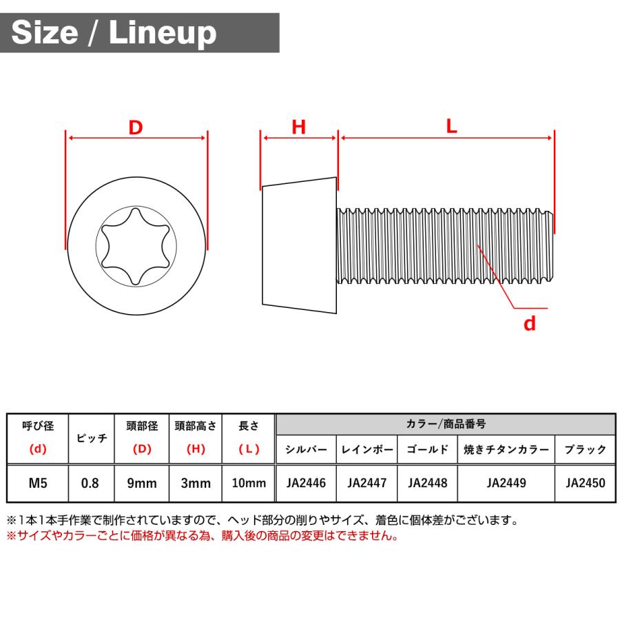 チタンボルト M5×10mm P0.8 低頭 テーパーヘッド トルクス穴付き キャップボルト ゴールドカラー 1個 JA2448 | TECHーMASTER | 04