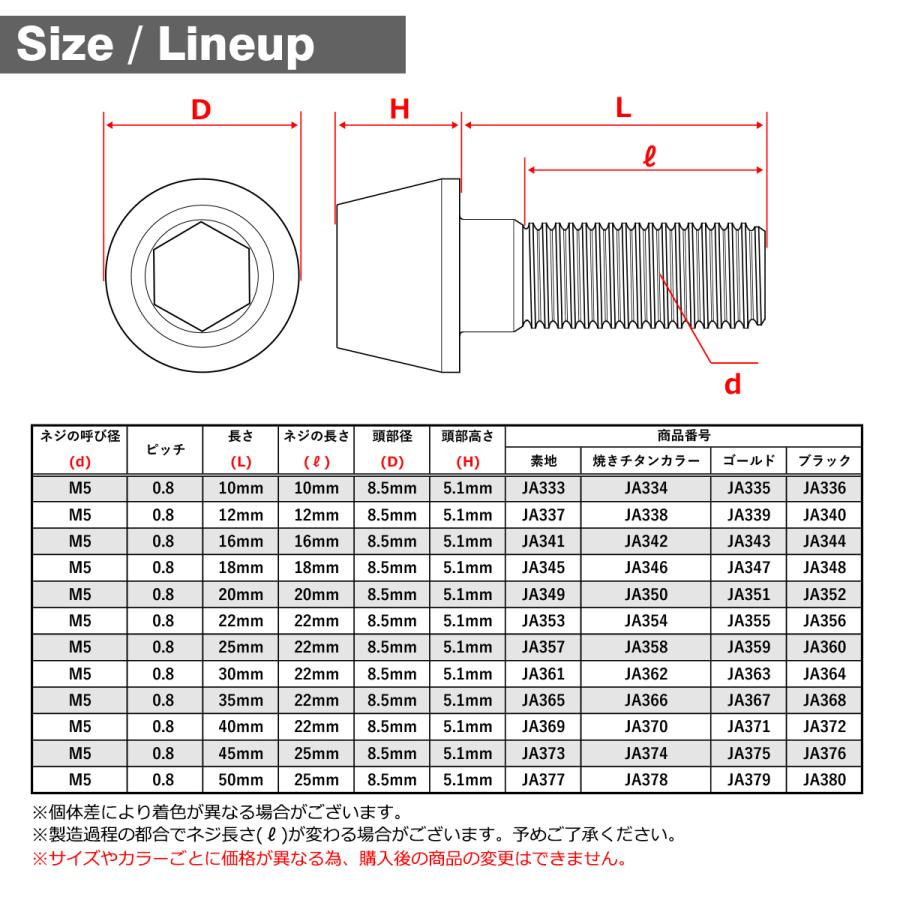 チタンボルト M5×35mm P0.8 テーパーヘッド 六角穴付き キャップボルト ブラック 1個 JA368｜tmst｜02