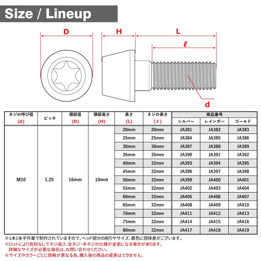 チタンボルト M10×45mm 1.25 テーパーヘッド トルクス穴付き キャップボルト シルバーカラー 1個 JA396 | TECHーMASTER | 04