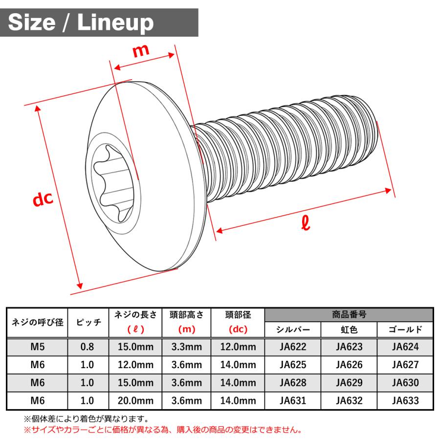 チタンボルト M5×15mm P0.8 テーパーヘッド トルクス穴 ボタンボルト 焼きチタンカラー 虹色 1個 JA623｜tmst｜02