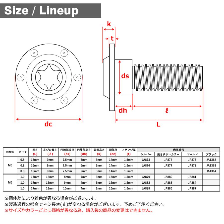 チタンボルト M6×17mm P1.0 円筒部直径9mm 段付きボルト トルクス穴 フランジ付き ゴールドカラー 1個 JA884 | TECHーMASTER | 01