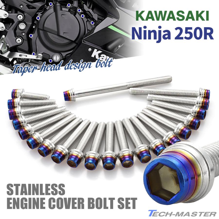 ニンジャ250R Ninja エンジンカバー クランクケース ボルト 21本セット ステンレス製 シルバー×焼きチタンカラー TB8331 | TECHーMASTER