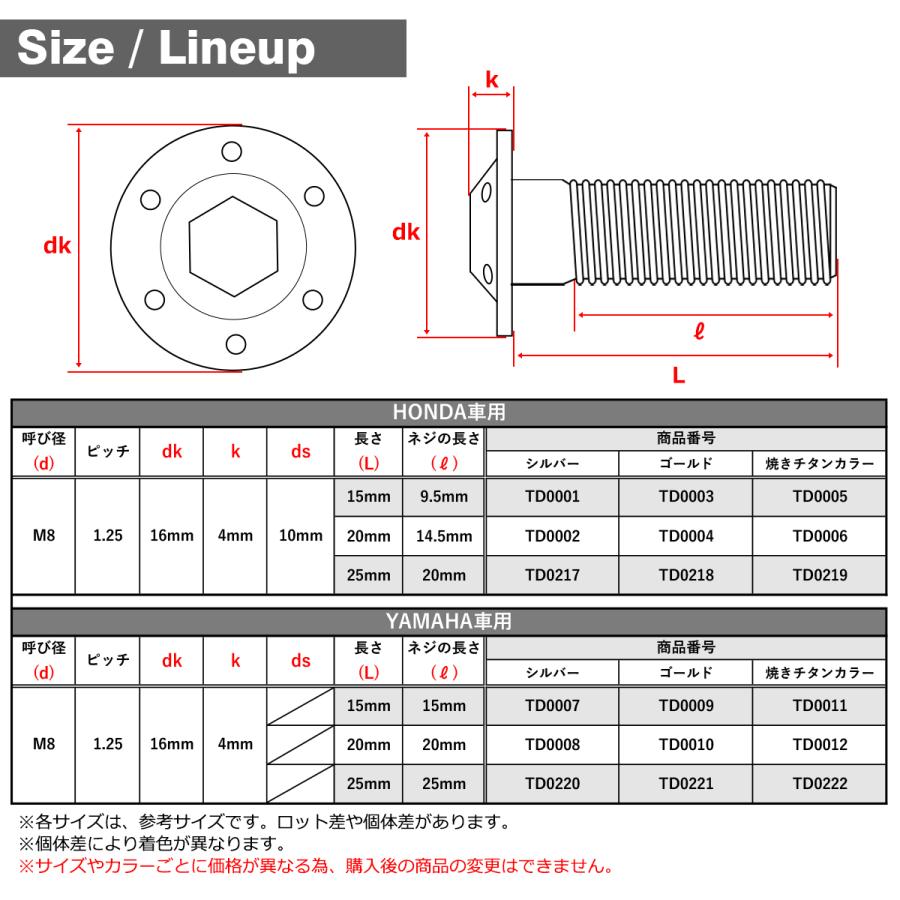 ブレーキディスク ローターボルト M8×20mm P1.25 ホンダ用 ホールヘッドH-1 ゴールドカラー TD0004 | ブランド登録なし | 01