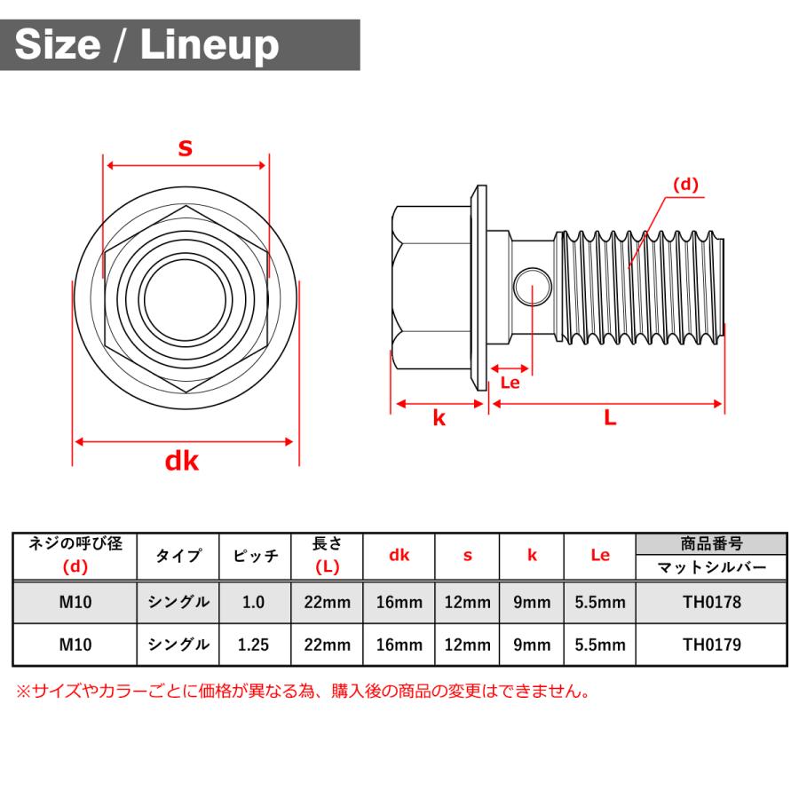 バンジョーボルト ステンレス M10 P1.25 シングル ヘキサゴンヘッド マットシルバー TH0179｜tmst｜05