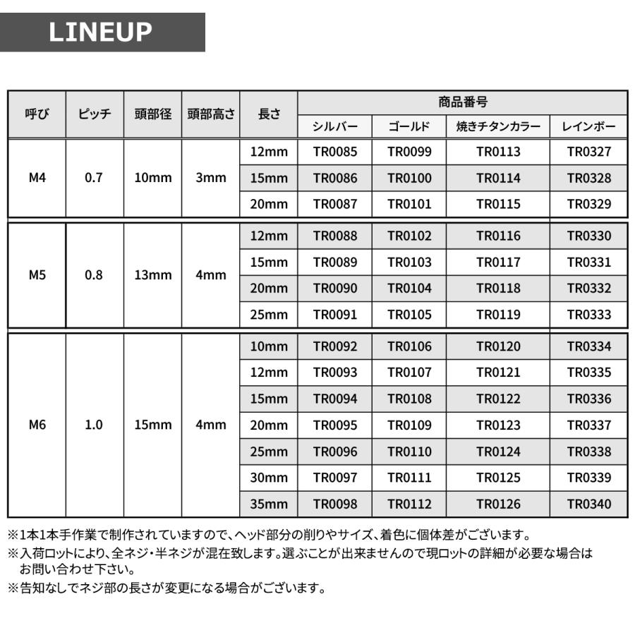 ステンレスボルト M4×12mm P0.7 ボタンボルト シェルヘッド 焼きチタンカラー TR0113 | TECHーMASTER | 05