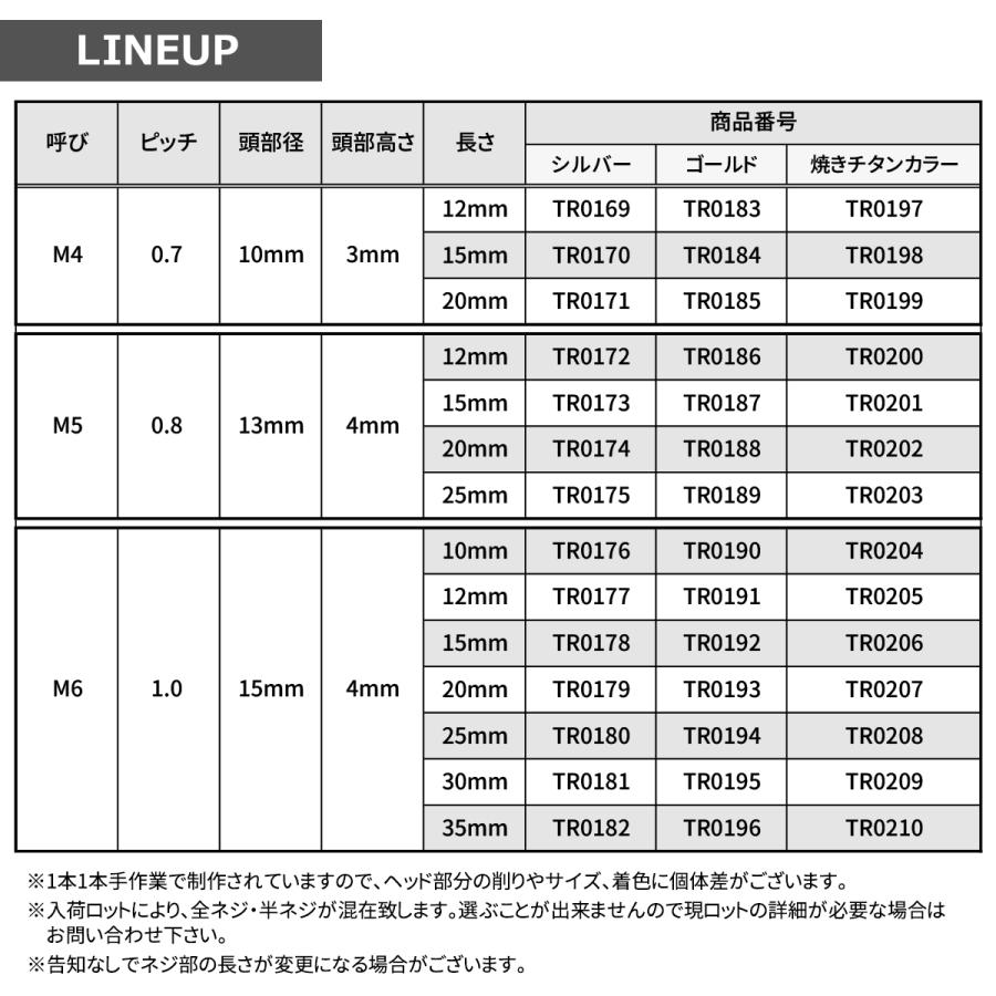 ステンレスボルト M4×20mm P0.7 ボタンボルト ステップホールヘッド 焼きチタンカラー TR0199 | TECHーMASTER | 05