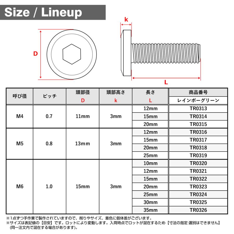 ステンレスボルト M5×15mm P0.8 フラットヘッド ボタンボルト レインボーグリーン TR0317 | TECHーMASTER | 03
