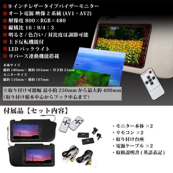 サンバイザーモニター　9インチ　灰色　グレー　モケット　２個　黒木目調　左右