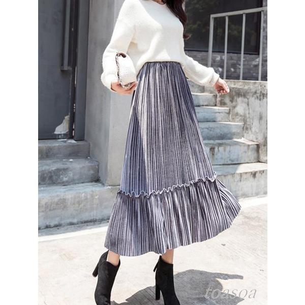プリーツ スカート ひざ丈 ロング フレア aライン 無地 春 秋 冬 膝丈