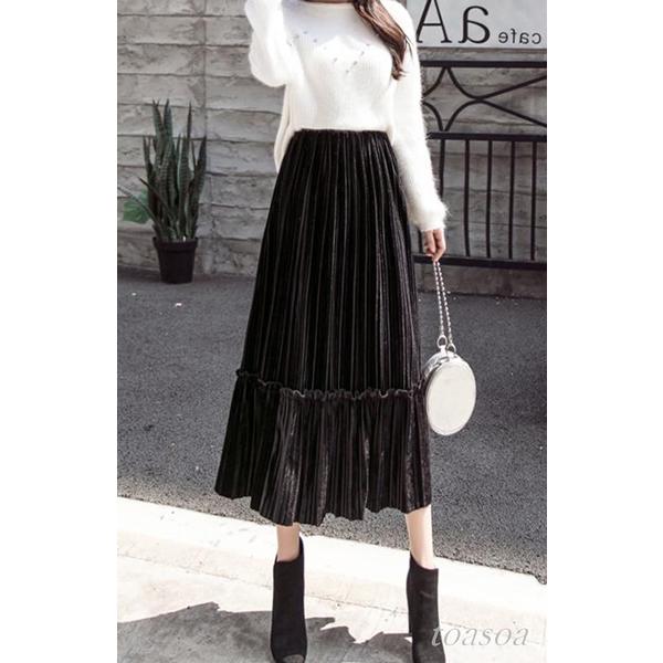 プリーツ スカート ひざ丈 ロング フレア aライン 無地 春 秋 冬 膝丈