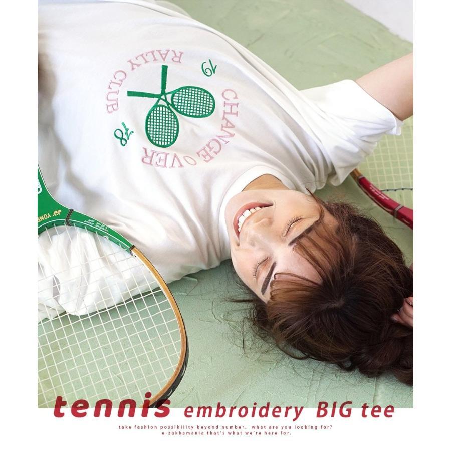 Tシャツ レディース 夏 半袖 トップス カットソー プルオーバー 五分袖 オーバーサイズ テニスラケット 大きいサイズ ゆったり テニスロゴ