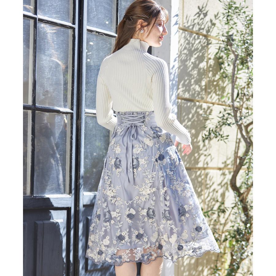 tocco closet バックレースアップフラワー刺繍フレアスカート tocco closet バックレースアップフラワー刺繍フレアスカート