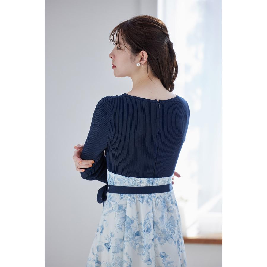 ウエストりぼん付きリブニット×フラワープリントドッキングワンピース  