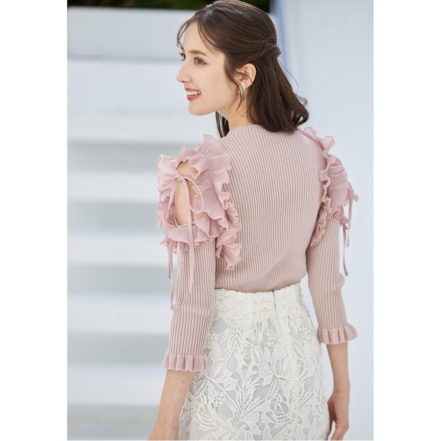 tocco closet りぼん付きシフォンプリーツ切り替えリブニット