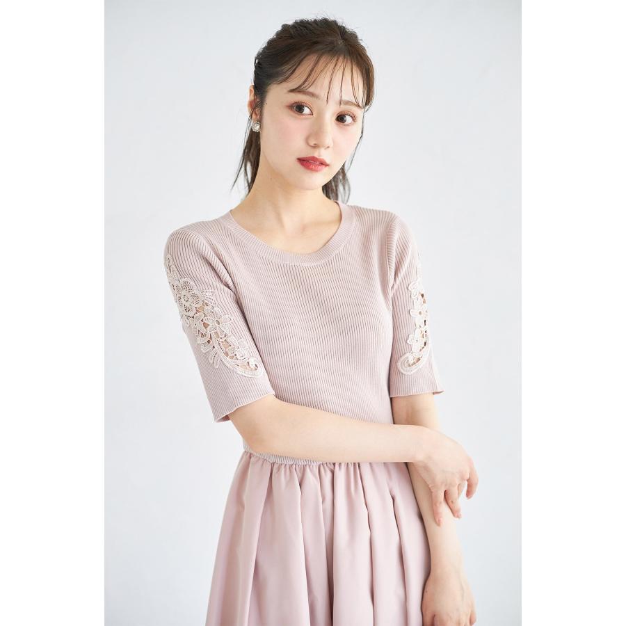 tocco closet フラワー刺繍スリーブリブニット×タフタドッキング