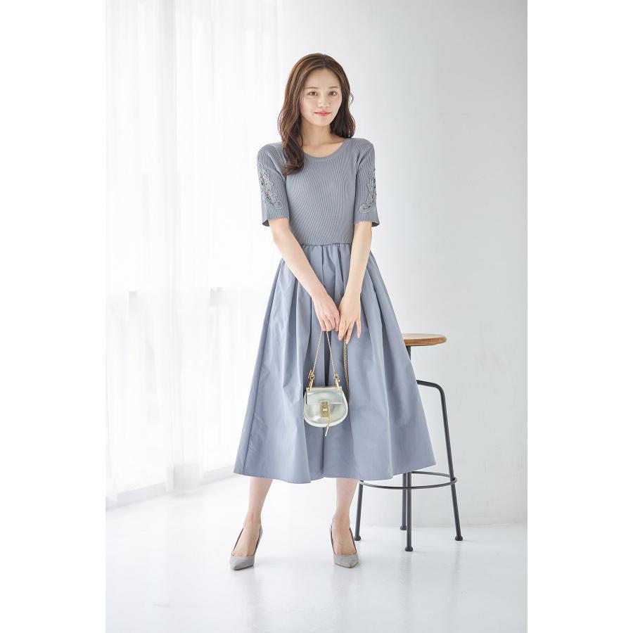 013 セット確認用 tocco closet フラワー刺繍スリーブリブニット×タフタドッキング