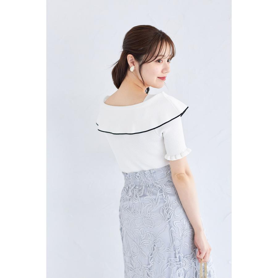 tocco closet リボン付き配色ライン入りオフショルリブニットプル