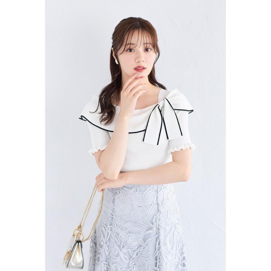 トップス 369 リボン付き配色ライン入りオフショルリブニットプルオーバー