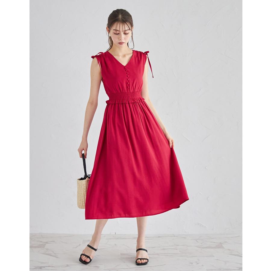 【新品タグ付】ドロスト肩リボン付きウエストシャーリング麻タッチワンピース　レッド tocco closet ドロスト肩リボン付きウエストシャーリング麻