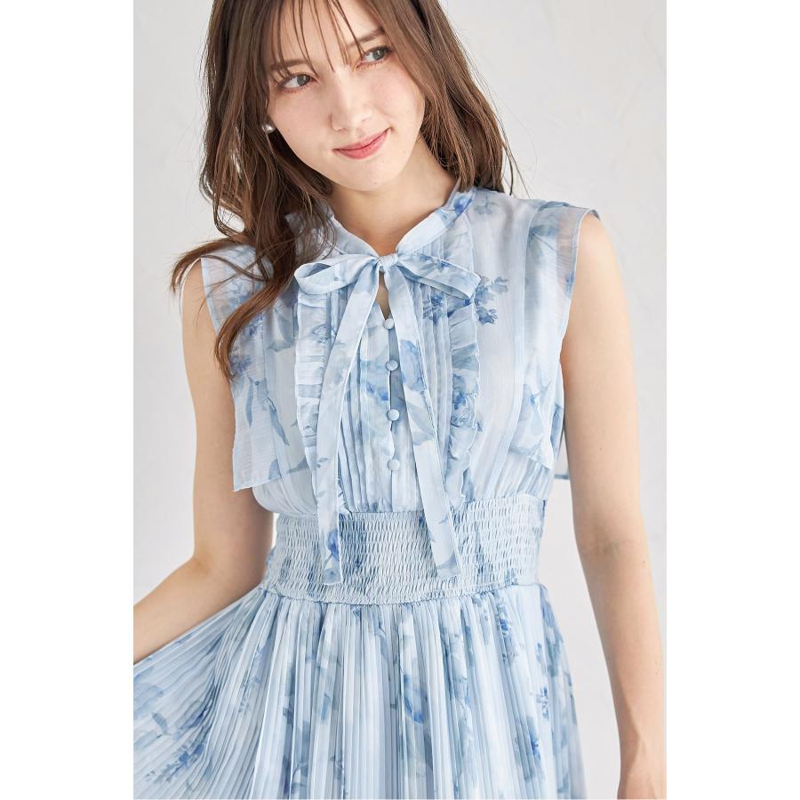 リボン付きウエストシャーリングフラワープリントプリーツワンピース【narely ナレリー】 :186-186555:tocco closet ...